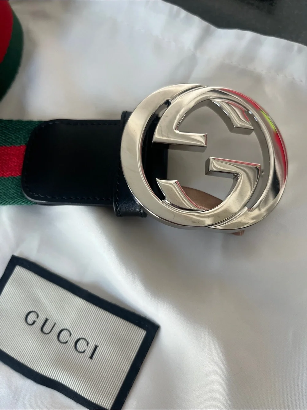Gucci 411924 H917N Belt Black Leather / Fabric with Polished Silver Buckle